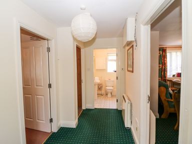 A hallway with green carpet and white walls leading to a bathroom and a living room at 2 Garnish Court in Glengarriff County Cork