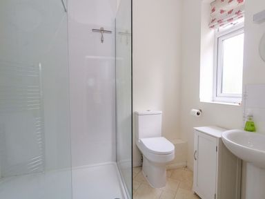A bathroom with a shower, toilet, sink and storage cabinet at 1 Fernhill Avenue Weymouth