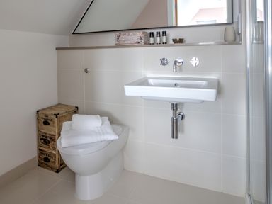A bathroom with a toilet holding folded white towels a wall-mounted sink and a mirror at The Tower 5 Corisande Manor Newquay