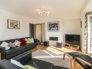 A living room with black leather sofas a television and a framed picture on the wall at Estuary View in Newton Ferrers