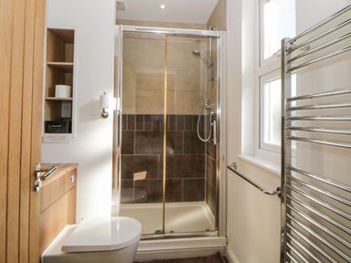 A bathroom with a shower cubicle wooden cabinet white toilet and a metal towel radiator at Estuary View in Newton Ferrers