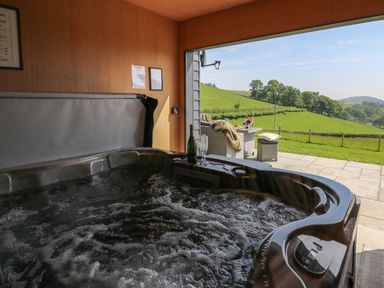 An indoor hot tub facing an open patio with outdoor seating and a green landscape at Dol Blodau in Newbridge-On-Wye