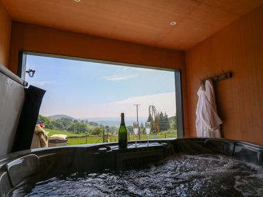 An indoor hot tub with a champagne bottle and glasses with a view of the countryside at Dol Blodau in Newbridge-On-Wye