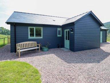 An exterior view of a dark blue wooden house with light blue doors and windows a wooden bench and a flower pot on a gravel area surrounding a patch of grass at Dol Blodau in Newbridge-On-Wye