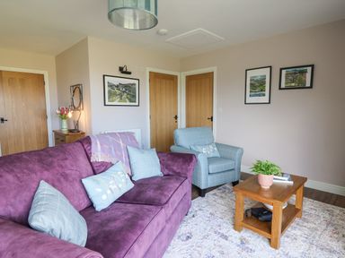 A living room with a purple sofa and blue armchair with cushions wooden coffee table and three wooden doors at Ystrad Wen in Llysdinam near Newbridge-On-Wye