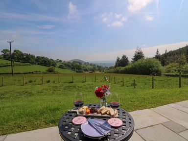 A table with two glasses of red wine, plates, knives, bread, cheese, and flowers outside overlooking green fields and hills at Ystrad Wen in Llysdinam near Newbridge-On-Wye