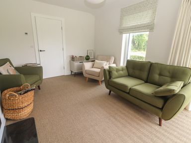 A living room with green chairs and a beige armchair a wicker basket carpet and a window with curtains at Shannon Vale in Woodford County Galway