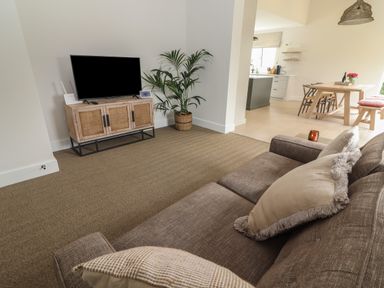 A living room with a brown sofa facing a television on a wooden cabinet with a potted plant next to it and a dining area with a wooden table and chairs in the background at Shannon Vale in Woodford County Galway