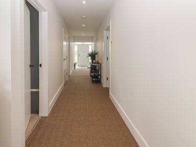 A hallway with beige carpet and white walls with doors on both sides and a table with a plant near the end at Shannon Vale in Woodford County Galway