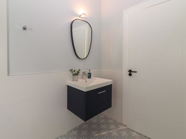 A bathroom with a wall-mounted sink cabinet a mirror above and a closed door at Shannon Vale in Woodford County Galway