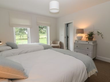 A bedroom with two beds bedside table with lamp and plant armchair and windows with blinds at Shannon Vale in Woodford County Galway