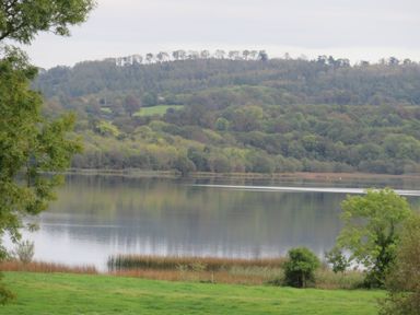 A lake with trees and grass surrounding it and hills in the background at Shannon Vale in Woodford County Galway