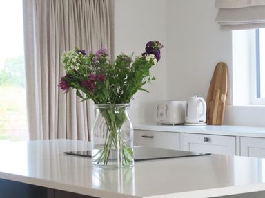 A kitchen countertop with a glass vase of flowers a toaster a kettle and cutting boards at Shannon Vale in Woodford County Galway