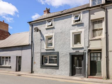 A row of connected houses with different windows and doors on a street with a sidewalk at Lane Cottage in Cardigan
