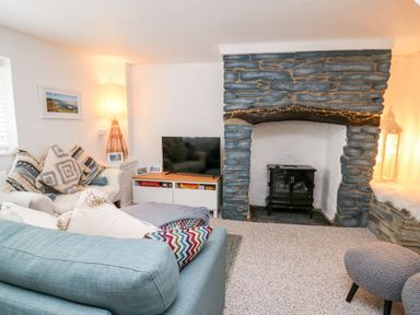 A living room with a stone fireplace a wood stove a television on a cabinet sofas with cushions a floor lamp and a lantern at Lane Cottage in Cardigan