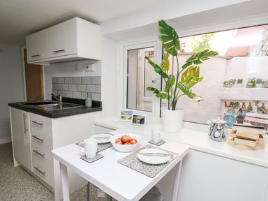 A small kitchen area with a sink set in a black countertop and white cabinets next to a white table set with plates mugs and a bowl of apples and a large potted plant on the window sill at Lane Cottage in Cardigan