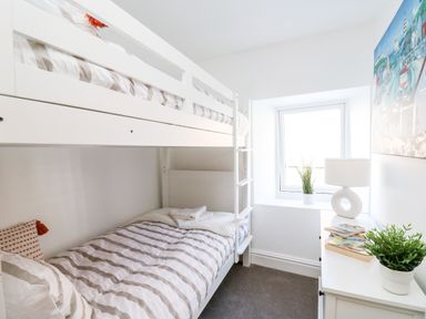A small bedroom with a white bunk bed and a white dresser with plants and books near a window at Lane Cottage in Cardigan