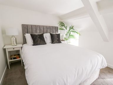 A bedroom with a large bed white bedding two dark pillows bedside tables with lamps and a plant near the window at Lane Cottage in Cardigan