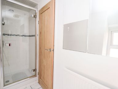 A bathroom with a glass shower enclosure wooden door a radiator and a wall mirror at Lane Cottage in Cardigan