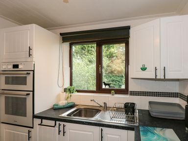 A kitchen sink area with double ovens to the left and a window with trees outside at Harveys Holiday House Hunstanton
