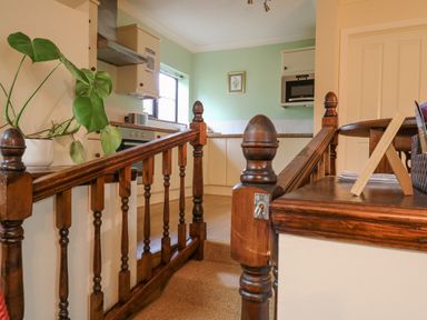 A kitchen area with wooden railing steps leading up to it and a plant in a white pot at The Searle in Nantmel near Rhayader