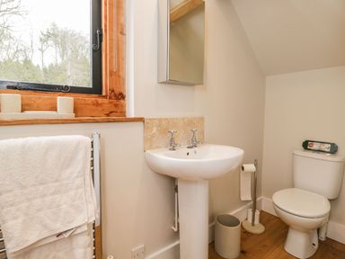 A bathroom with a pedestal sink toilet paper holder and a towel on a rack at Avon Turn View in Alderbury