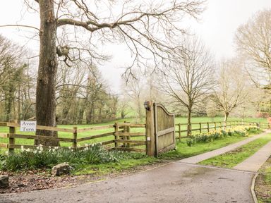 A country driveway with wooden gate and fence surrounded by trees and flowers at Avon Turn View in Alderbury