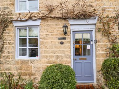 The front view of a stone house with a blue door and two windows with bushes in front at Riseholme in Ebberston