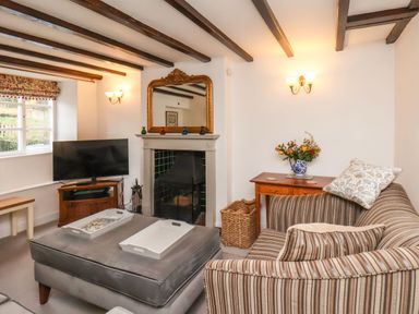 A living room with a striped sofa a TV on a wooden stand a fireplace with a mirror and a wooden table with flowers at Riseholme in Ebberston