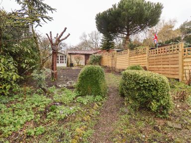A garden with trimmed bushes a wooden fence and small buildings in the background at Riseholme in Ebberston