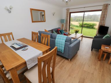 A living and dining room with wooden dining table and chairs a blue sofa a coffee table with flowers a TV and large sliding glass doors showing a garden at Timaru in Lamphey