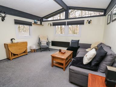 A living room with a gray sofa a wooden coffee table an armchair with a sheepskin and a small wooden foldable table at 64 Penlan Holiday Park in Cenarth