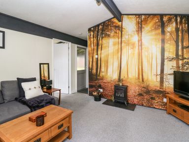 A living room with a gray sofa and wooden coffee table a forest mural on the wall at 64 Penlan Holiday Park in Cenarth