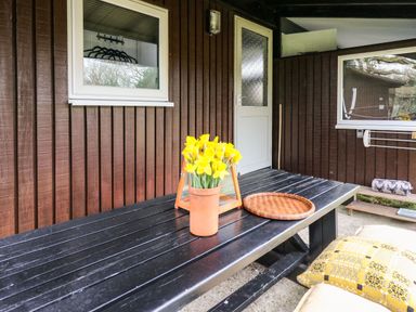 A covered outdoor seating area with a black wooden table holding a vase of yellow flowers and a round tray at 64 Penlan Holiday Park in Cenarth