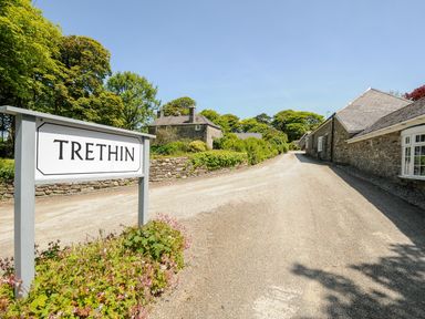 A dirt road with stone buildings and green trees along the sides at Byre Trethin near Camelford