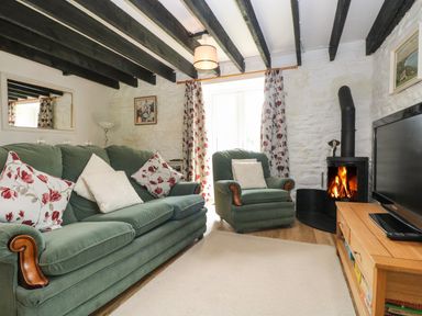 A living room with green sofa and armchair a wood burning stove and a television on a wooden stand at Byre Trethin near Camelford
