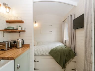 A compact room with a bed covered with a patterned bedspread and a green blanket a small kitchenette with toaster kettle open shelves with dishes and glasses and a wall-mounted TV at Hazel in Kemble