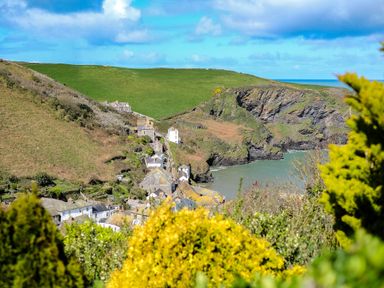 A coastal village with houses between hills and a rocky shoreline at Harbour Lights Port Isaac