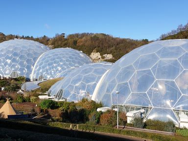 Several large geodesic dome structures in a natural setting with trees and shrubs at Hillcroft in St Austell