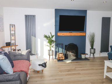A living room with a gray sofa, a sheep-shaped footstool, plants on stands, a fireplace with firewood, and a mounted television at Tarth Y Mor in Criccieth