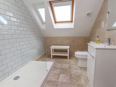 A bathroom with a shower, toilet, sink, small bench, and skylight window at Tarth Y Mor in Criccieth