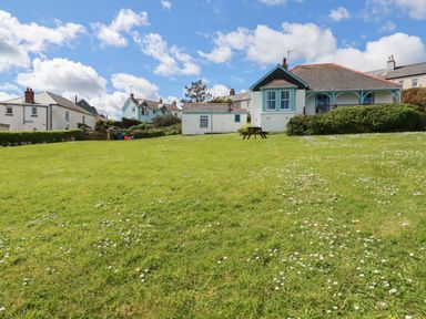 A grassy yard with daisies and a picnic table in front of small houses at Beachcliff in Gorran Haven