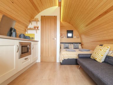 A compact room with a kitchen area, bed, and sofa with pillows at Sun Rise in St Buryan