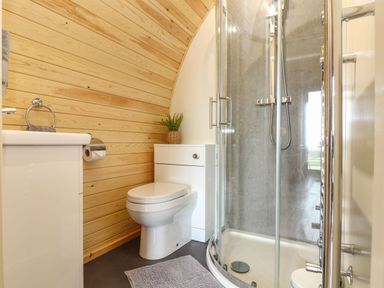 A bathroom with a toilet, shower enclosure, sink, and wooden panel walls at Sun Rise in St Buryan