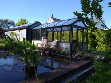 A garden with a greenhouse wooden chairs plants and a pond at Nook Bethesda near Narberth