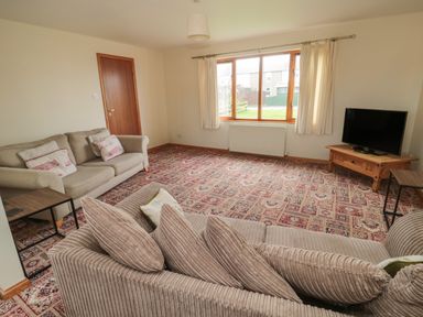 A living room with beige sofas a patterned carpet a wooden door a window with curtains and a TV on a wooden stand at Causeway Cottage in Holy Island