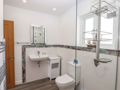 A bathroom with a sink a toilet a small cabinet a mirror a towel rack and a shower area at Strawberry Bank - Kingfisher in Pyworthy near Bridgerule