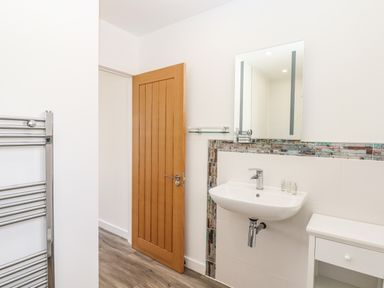 A bathroom with a wooden door white sink with a mirror and a chrome towel radiator at Strawberry Bank - Kingfisher in Pyworthy near Bridgerule