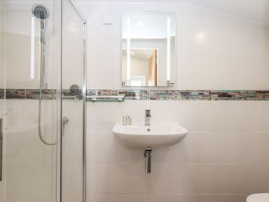 A bathroom with a shower area a wall-mounted sink and a mirror at Strawberry Bank - Kingfisher in Pyworthy near Bridgerule