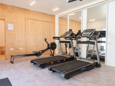 A gym room with two treadmills and a rowing machine in front of wooden paneling and mirrors at Strawberry Bank - Kingfisher in Pyworthy near Bridgerule